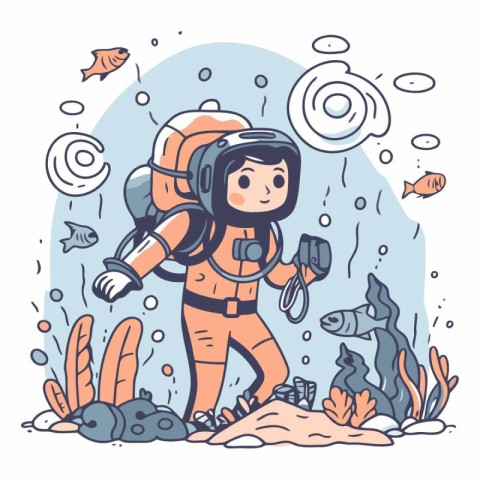 Cute cartoon scuba diver girl in the sea