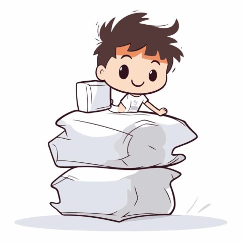 Boy in bed with a stack of pillows.