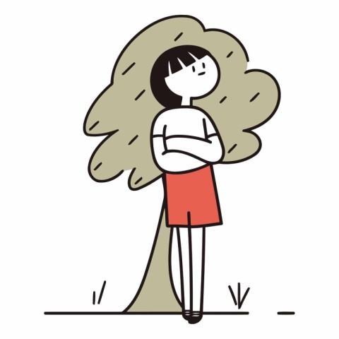 Cartoon vector illustration of a girl standing under a tree and