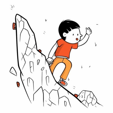 Cartoon boy climbing on the cliff of a child climbing on a cliff