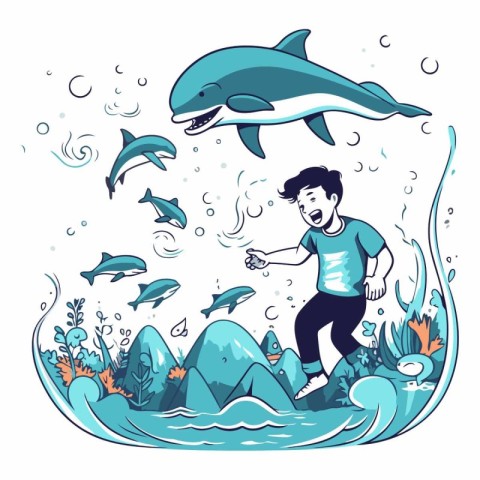 Vector illustration of a man and a dolphin swimming in the sea.