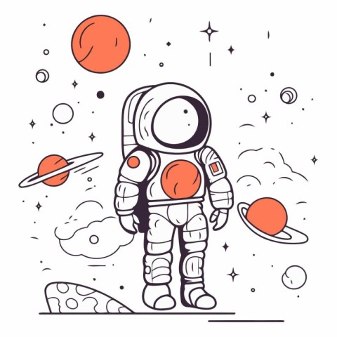 Astronaut in outer space in line art style.