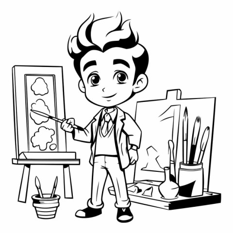 Artist Boy with Paint Brushes and Palette Black and White Cartoo