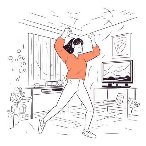 Young woman dancing at home in the living room.