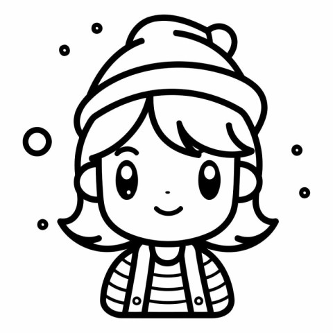 Outline of a cute little girl wearing a winter hat and scarf