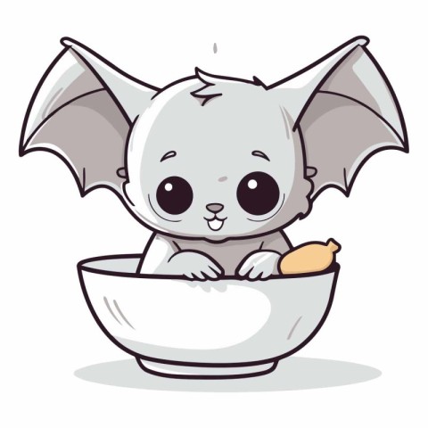 Cute baby bat sitting in a bowl. Cute cartoon vector illustratio