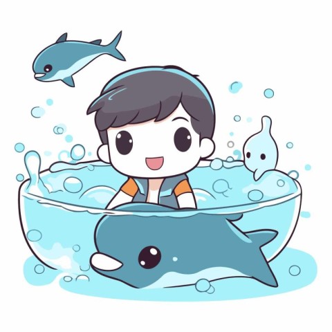 Cute boy swimming with a dolphin in the water.