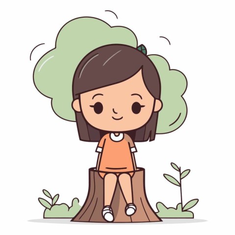 Cute little girl sitting on a tree stump.