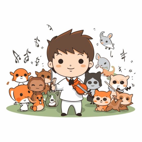 Boy playing the violin with his group of animals.