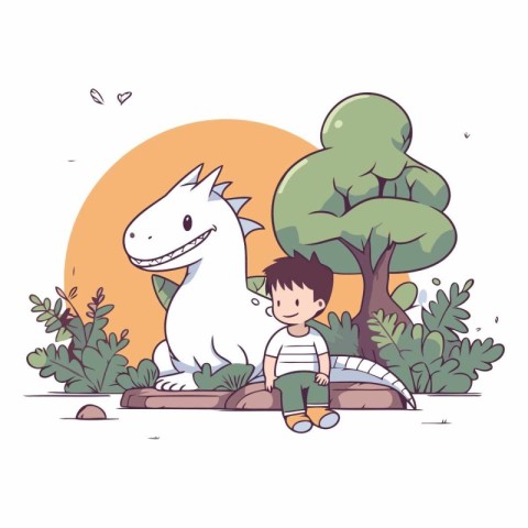 Cute little boy playing with dinosaur in the park vector illustr