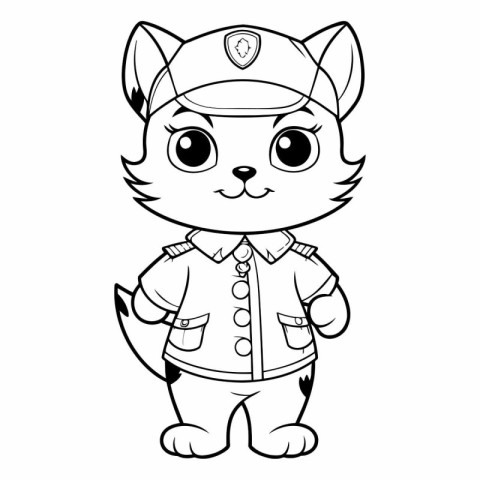 Black and White Cartoon Illustration of Cute Cat Police Officer