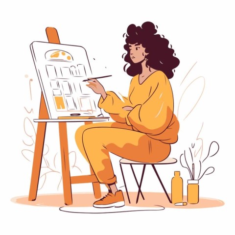 Woman painter drawing a picture on easel in cartoon style