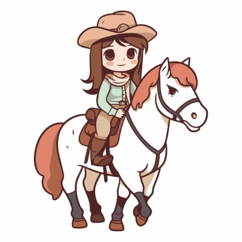 Cute cartoon cowboy girl riding a white horse.