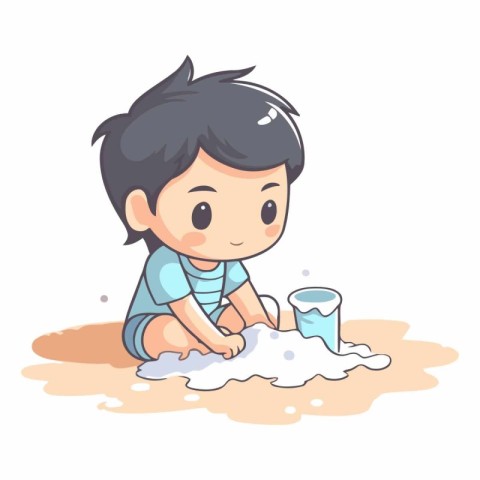 Illustration of a Kid Boy Playing with Soap on the Floor