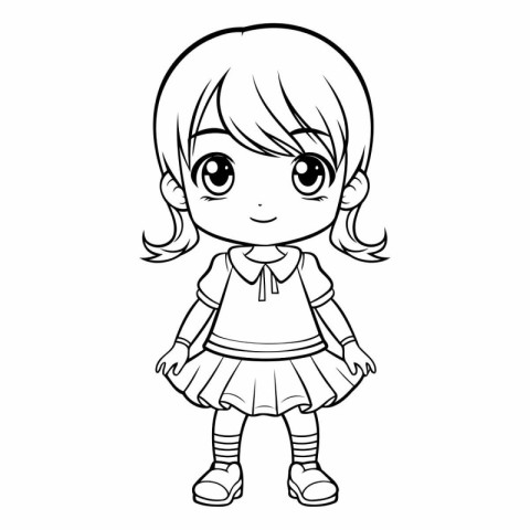 Cute little girl in school uniform for coloring book.