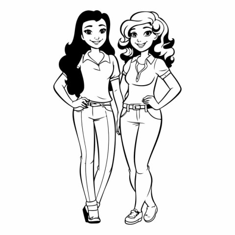 Beautiful women in casual clothes. black and white vector illust