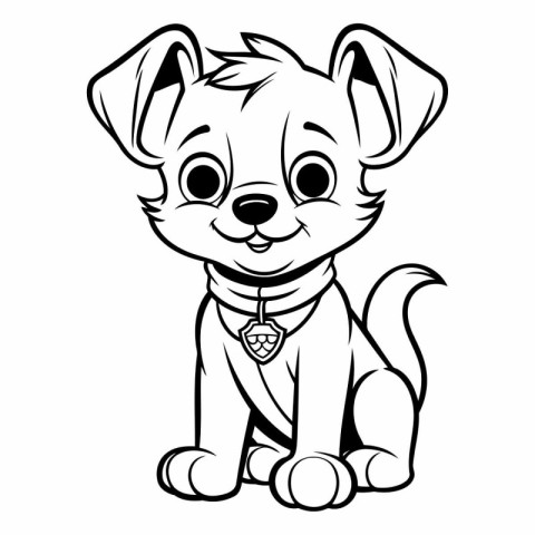 Cute Cartoon Puppy - Black and White Vector Illustration. Isolat