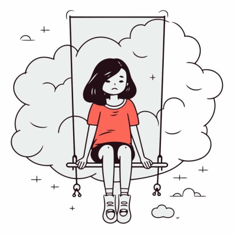 Cute girl sitting on a swing in the clouds.