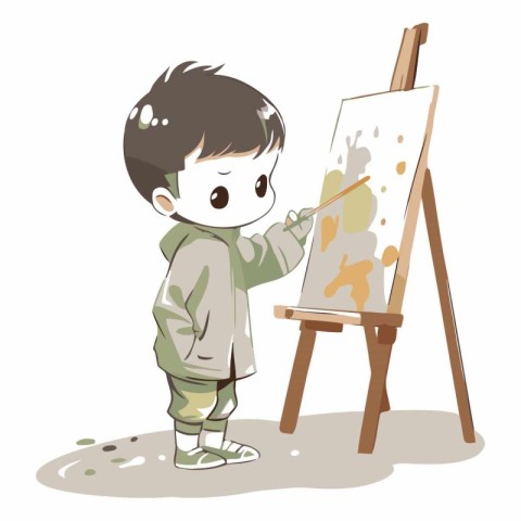 Boy painting on easel of a child drawing.