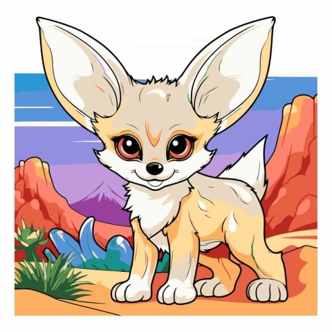 Cute cartoon fox on a background of mountains.