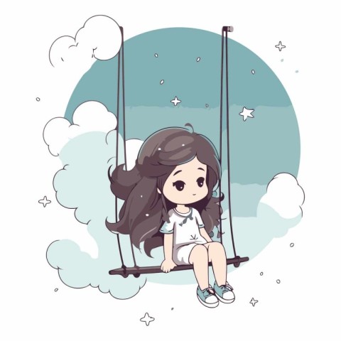 Cute little girl sitting on a swing in cartoon style.