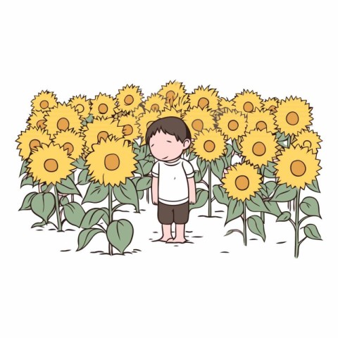 cute little boy with sunflowers garden vector illustration graph