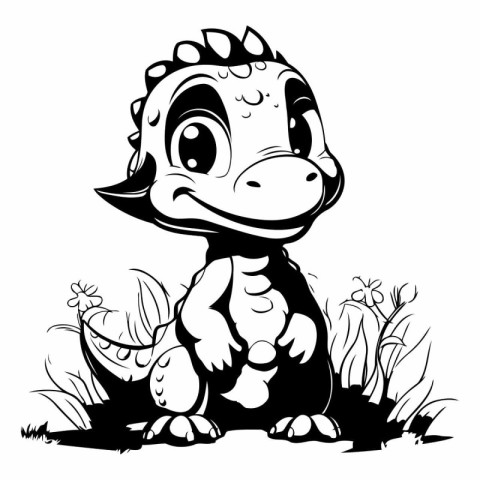 cute little dinosaur sitting on the grass. black and white vecto