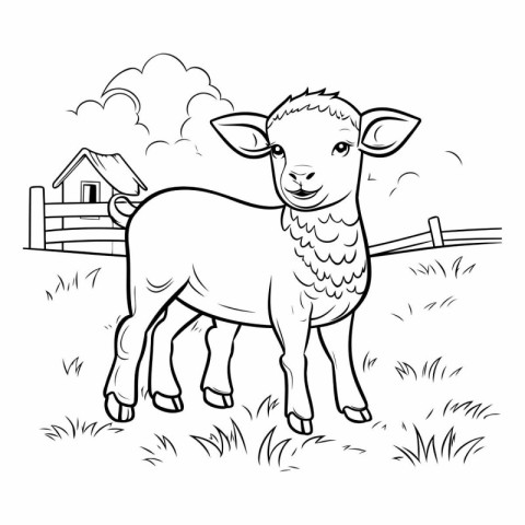 Cartoon sheep standing on a meadow for coloring book