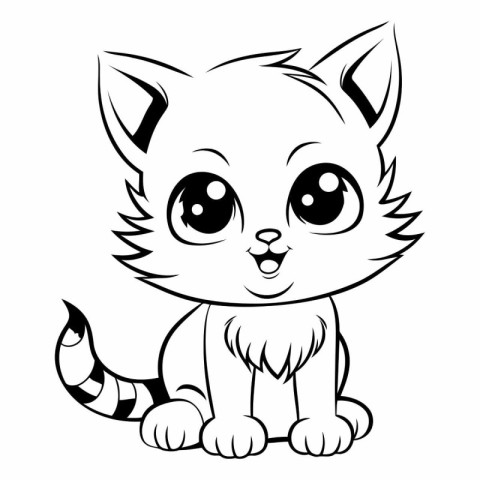 Cute Cartoon Cat - Black and White Vector Illustration. Isolated