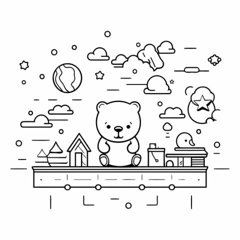 cute little bear teddy with toys in the landscape vector illustr