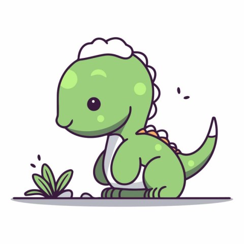 Cute dinosaur sitting on the ground in cartoon style.