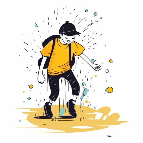 Vector illustration of a boy walking in the rain with a backpack