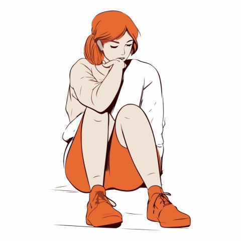 Sad girl sitting on the floor in sketch style.