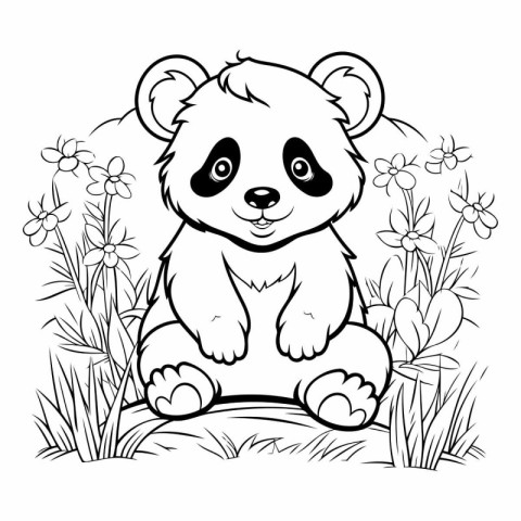 Cute cartoon panda sitting on the grass. Coloring book for child