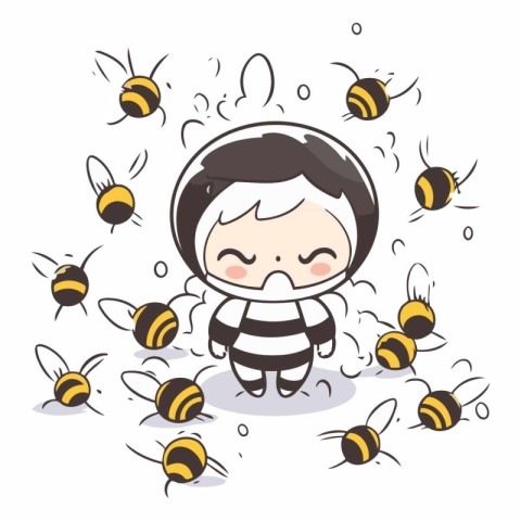 Illustration of a cute little bee boy with bees around him.