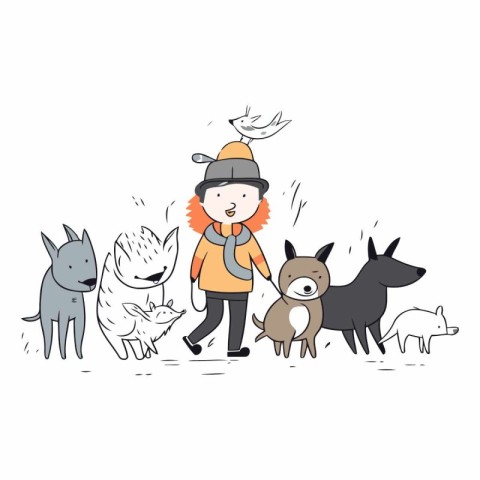 Vector illustration of a boy walking with his dogs in the park.