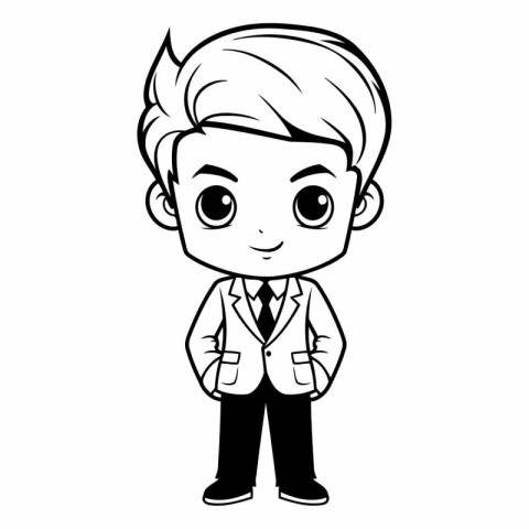 Cute Cartoon Businessman Character - Black and White Vector Illu