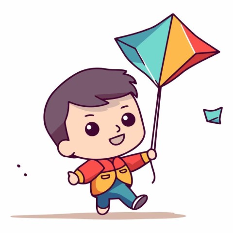 Cute boy playing with a kite. Vector cartoon illustration.