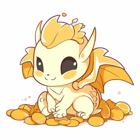 Cute little baby dragon sitting on pile of nuts.