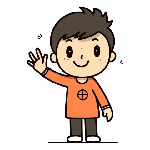 Cute boy in orange shirt waving hand. cartoon vector illustratio