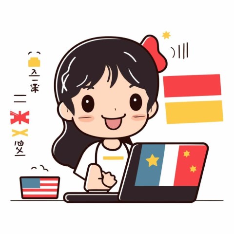 Illustration of a Cute Little Girl Using a Laptop with the Flag