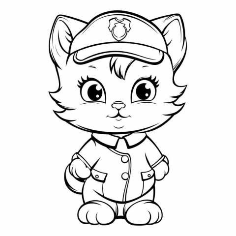 Black and White Cartoon Illustration of Cute Cat Police Officer