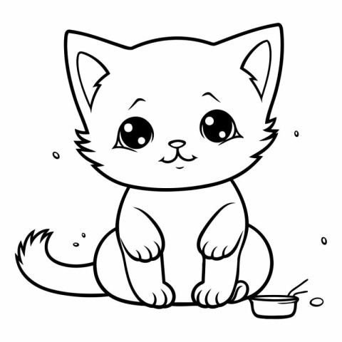 Coloring book for children. Cute cat with a bowl of food