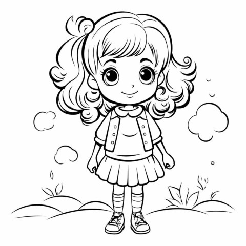 Cute little girl. Black and white vector illustration for colori