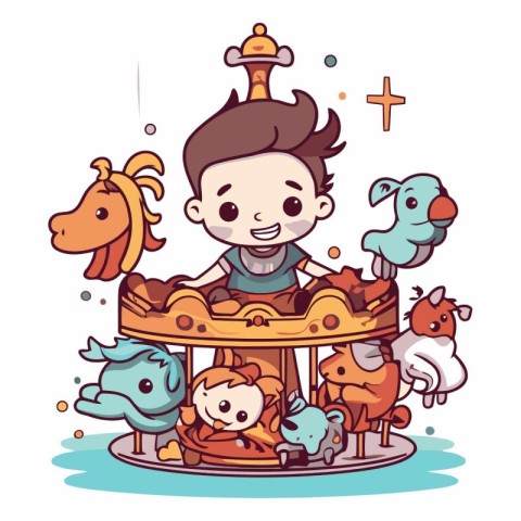 Vector illustration of a little boy riding a carousel with anima