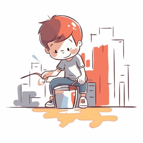 Boy playing with a bucket of water in the city