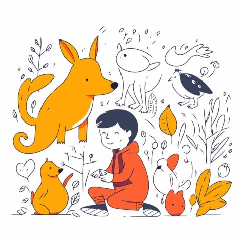 Cute little boy with dog. cat. fox. bird and autumn leaves.