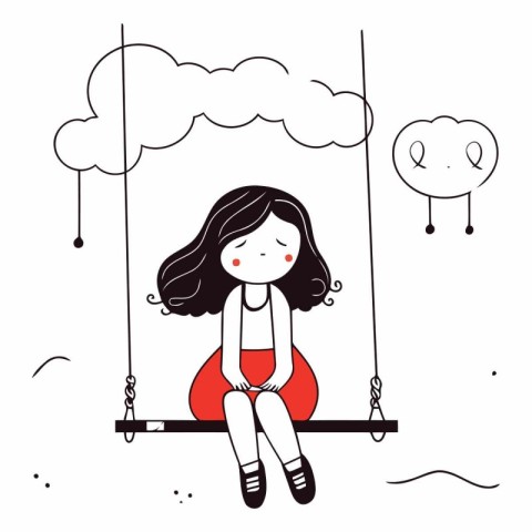 Cute little girl sitting on a swing in cartoon style.