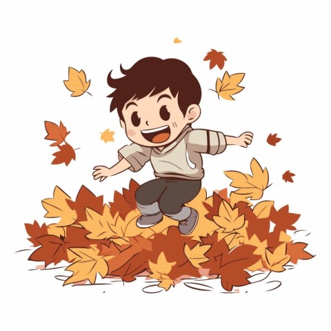 Happy boy jumping in autumn leaves on white background.