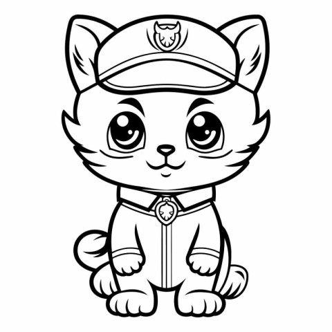 Black and White Cartoon Illustration of Cute Cat Police Characte